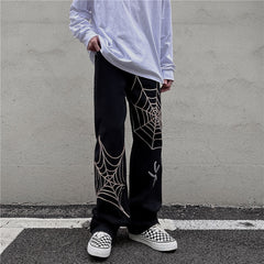 Men's Black Streetwear Spider Web Pants